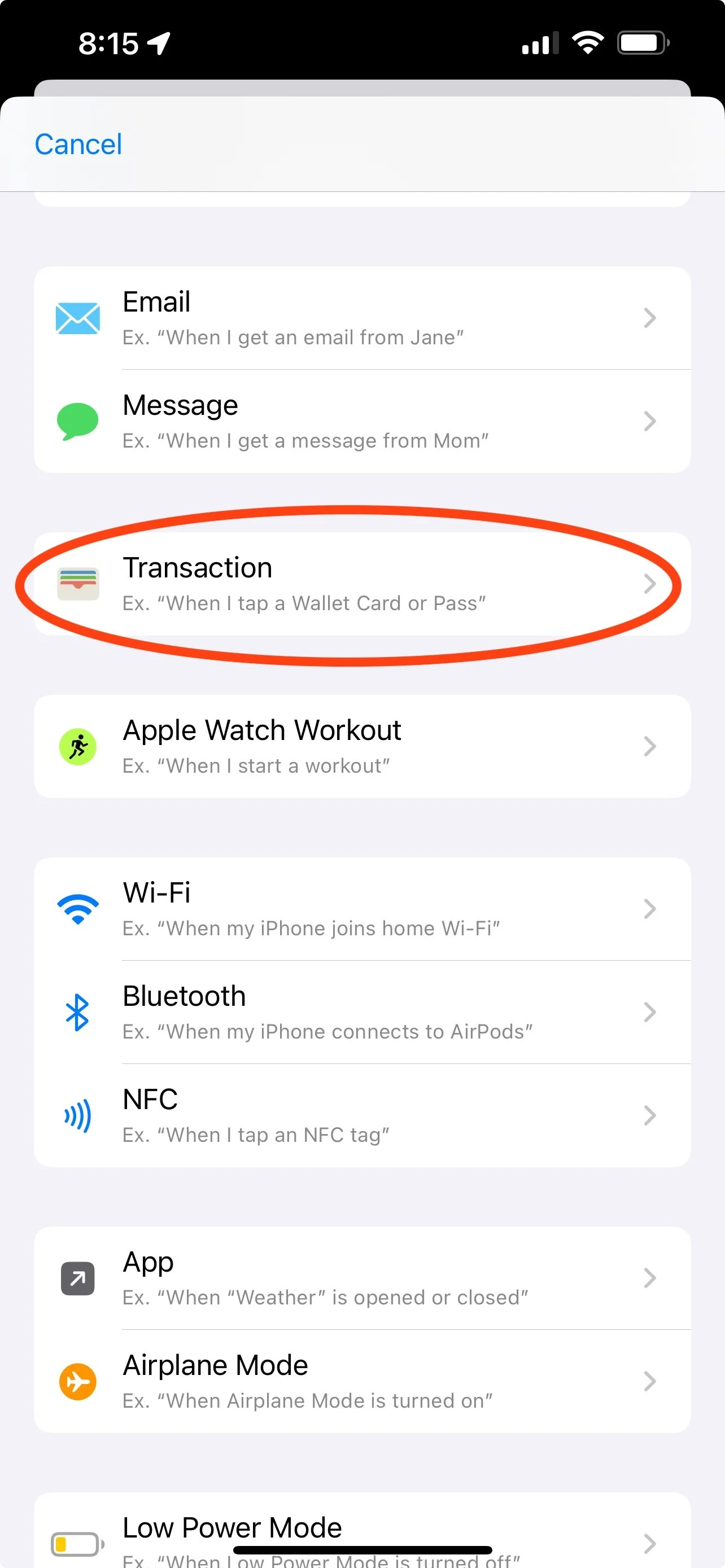 Transaction automation setup in Shortcuts