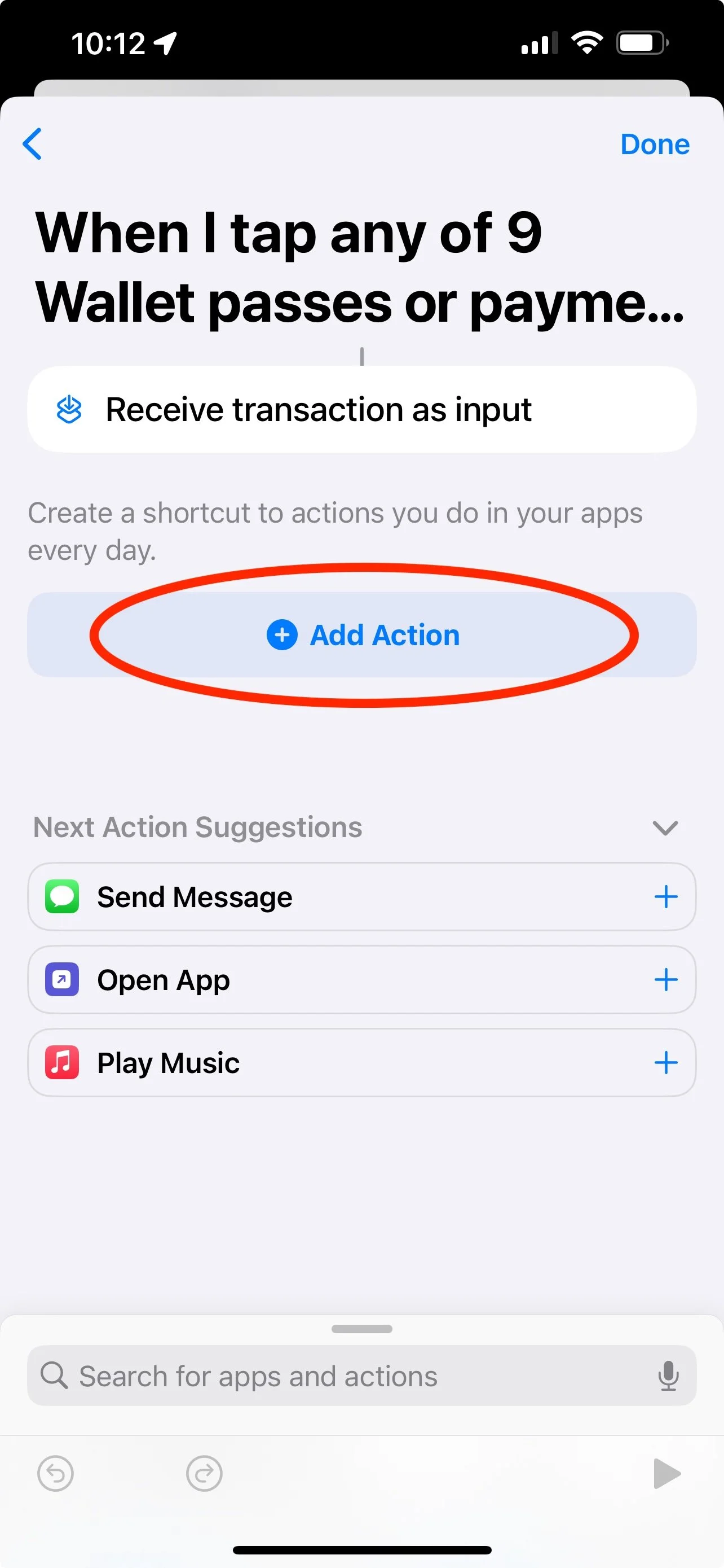 Adding an action in Shortcuts