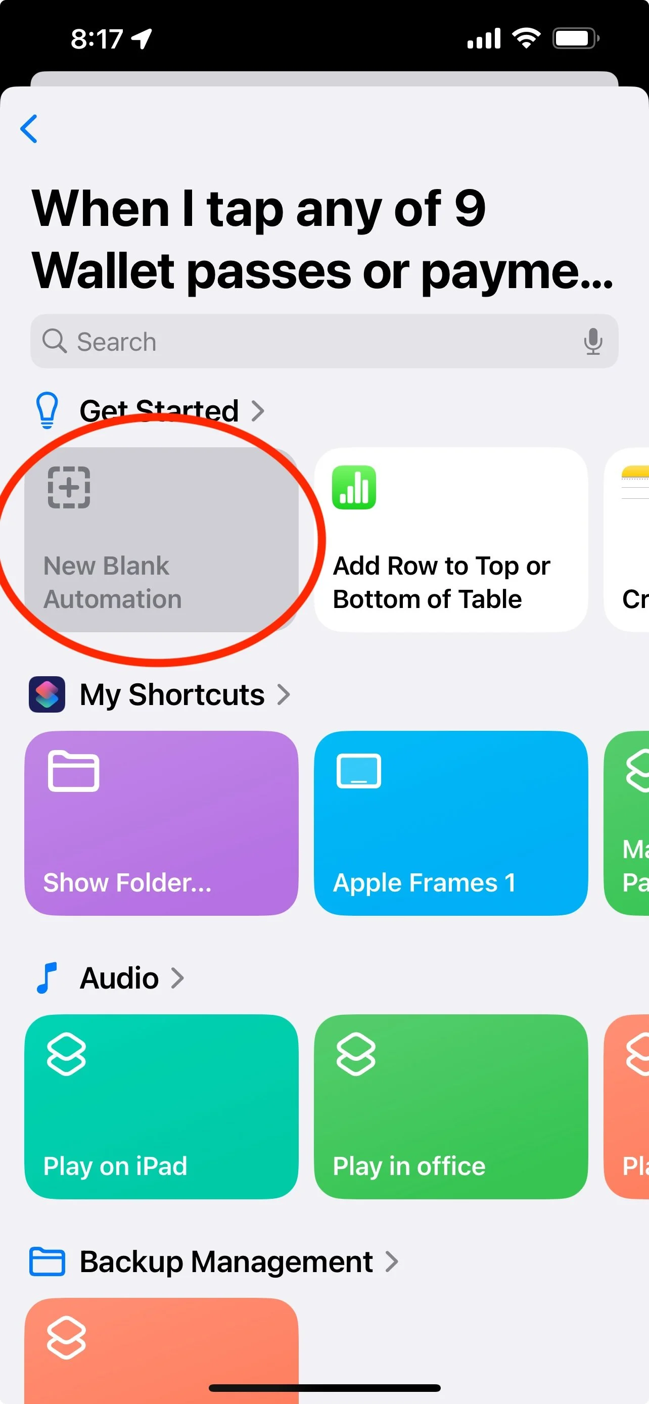 Choosing a blank automation in Shortcuts